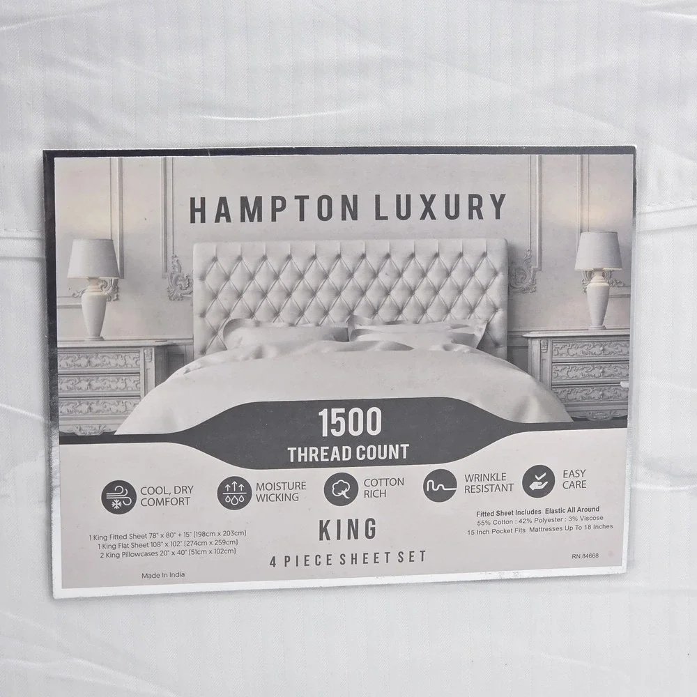 Hampton Luxury King Size 4pc White Sheet Set 1500 Thread Count Cotton‎ Blend